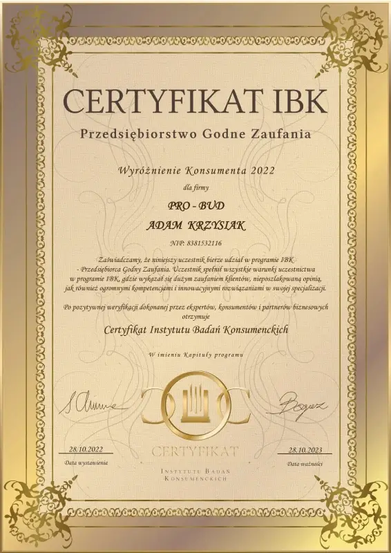Certyfikat IBK 2022 Przedsiębiorstwo Godne Zaufania